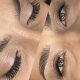 Two images of a woman's eyes featuring beautiful DIY lash extensions using cluster lashes for added elegance.